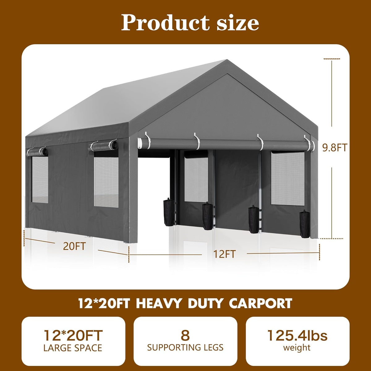 Walsunny Carport, 12x20 ft Heavy Duty Carport Canopy with Roll-up Windows, Portable Garage with Removable Sidewalls & Doors, Car Canopy with All-Season Tarp for Car, Truck, Boat