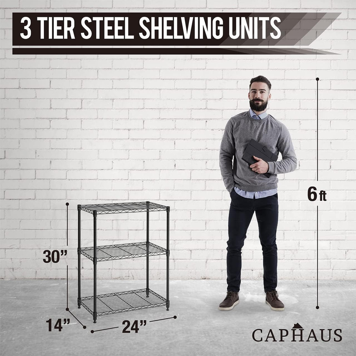 CAPHAUS 3/4/5-Tier Adjustable Height Wire Shelving Unit, Metal Steel Storage Shelve, Rack Shelving, Garage Shelving Storage Organizer, Utility Storage Shelf, 3-Tier Without Wheels, Black