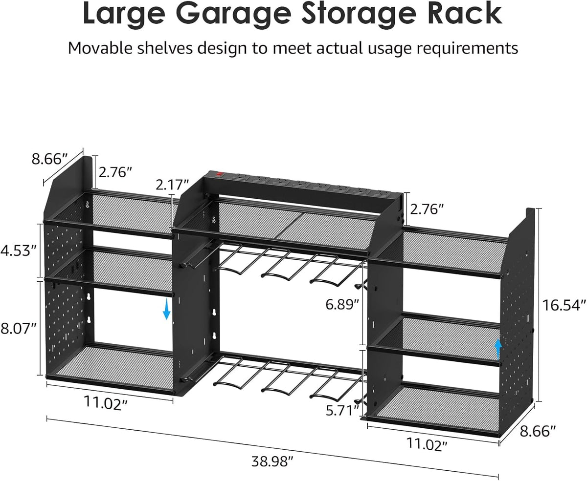 CCCEI Black Large Tools Organizer Wall Mount Charging Station, 39 Inch Long Power Tool Battery Storage Rack with 6FT Power Strip. 8 Drill Holder, Garage Utility Shelves. Pegboard Hanging Extension.