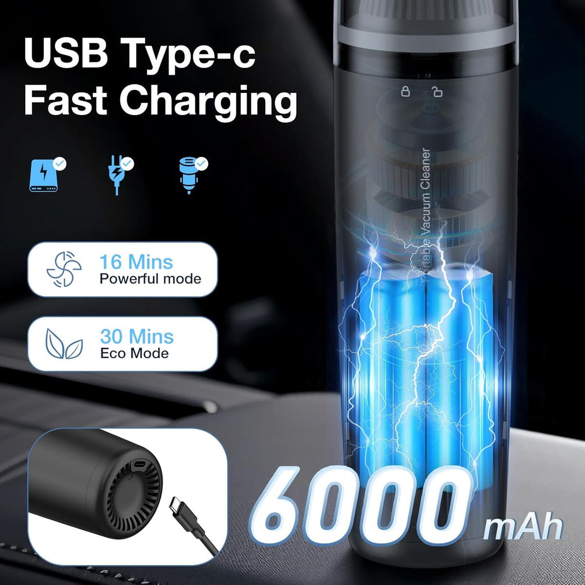 Car Handheld Vacuum Cordless 13000 PA Suction Power, Portable Mini Vacuum Cleaner for Car Home Office and Pet Hair, Black