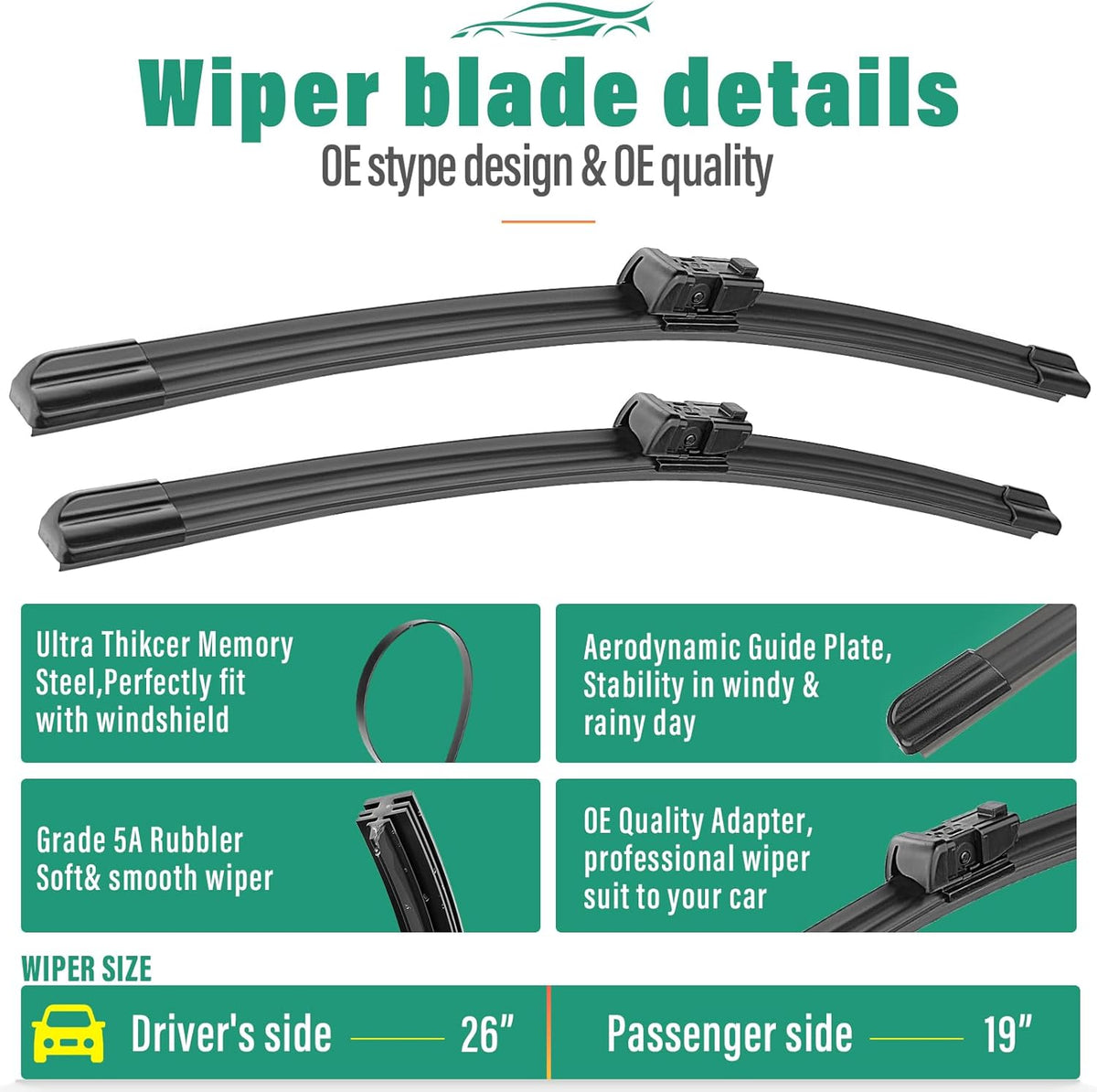 26" 19" 12" Windshield Wiper Blades Replacement for Jaguar F-Pace Fpace 2017 2018 2019 2020 2021 2022 2023 2024 Premium All Weather Front Rear Wipers Set - OEM Quality (Pack of 3)