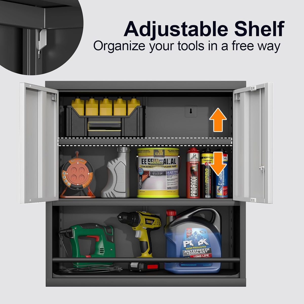 GREATMEET 31" H Locking Metal Garage Storage Cabinet with Doors and Shelves, Lockable Wall Cabinet Storage, Black&Grey Steel Wall Mount Cabinet Hanging Floating for Office Utility Room