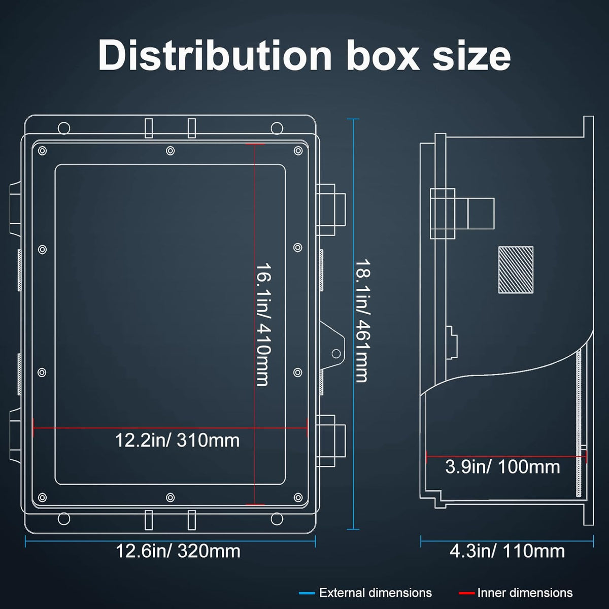 Outdoor Electrical Junction Box with High Power Outlet, ABS Water Resistant Enclosure with Internal Mounting Panel & Hinged Cover. (18.1" H* 12.6" L* 4.3" W & Outlet)