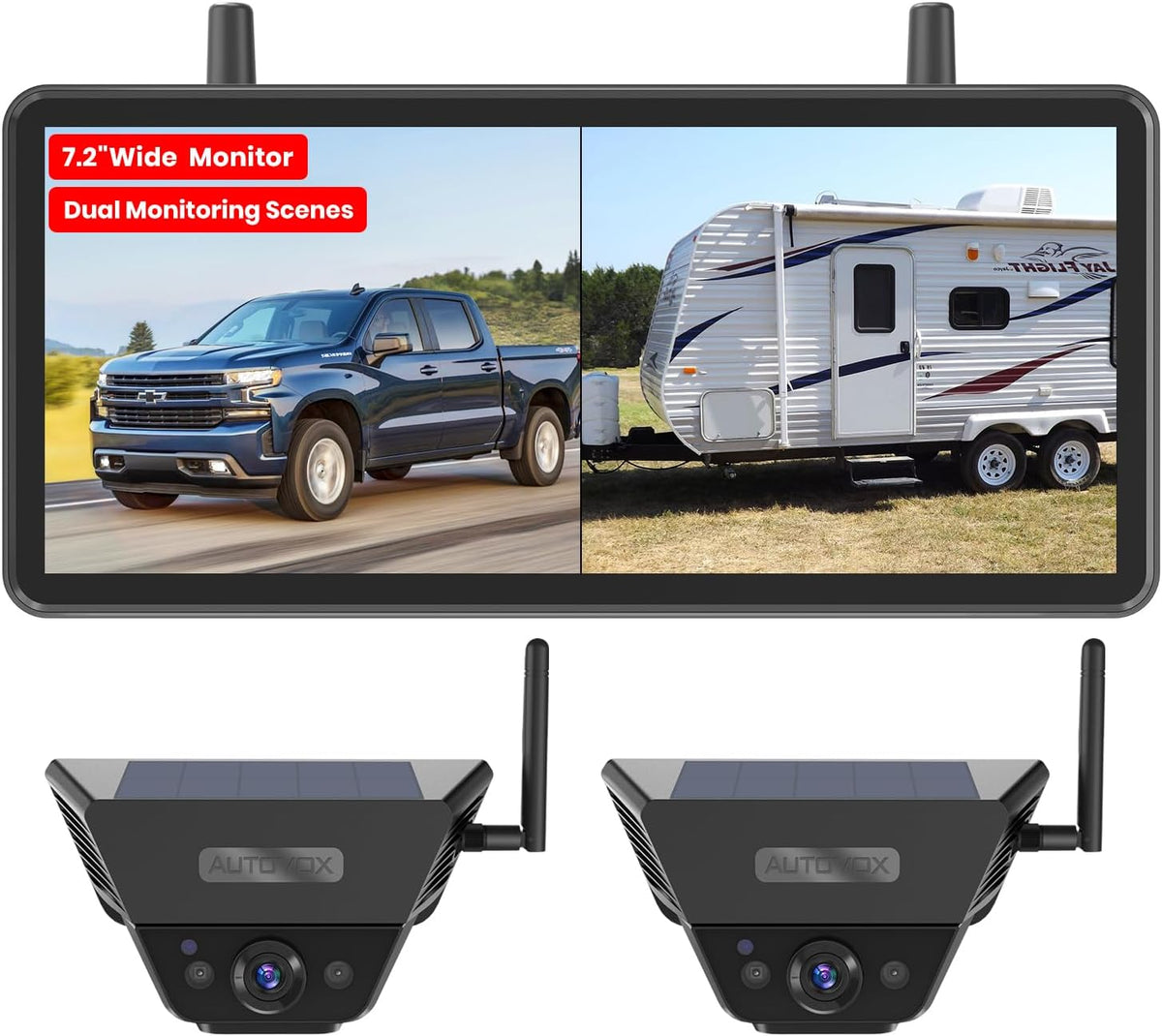 Solar Backup Camera Wireless for RVs and Trailers No-Installation - 7.2" HD 1080P Monitor,Dual Camera System, Strong Magnetic Scratch-Proof Rear View Camera for Trucks, Campers, SUVs, and Cars