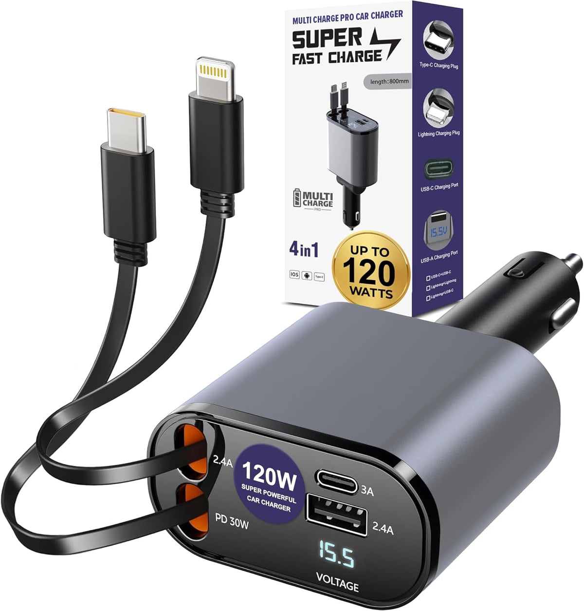 Multi Charge Pro iPhone Car Charger Fast Charging Retractable Car Charger USB C Auto Adapter, Powerful 120W 4-Port USB-C & USB-A and Lightning iPhone, Samsung, Tablets...