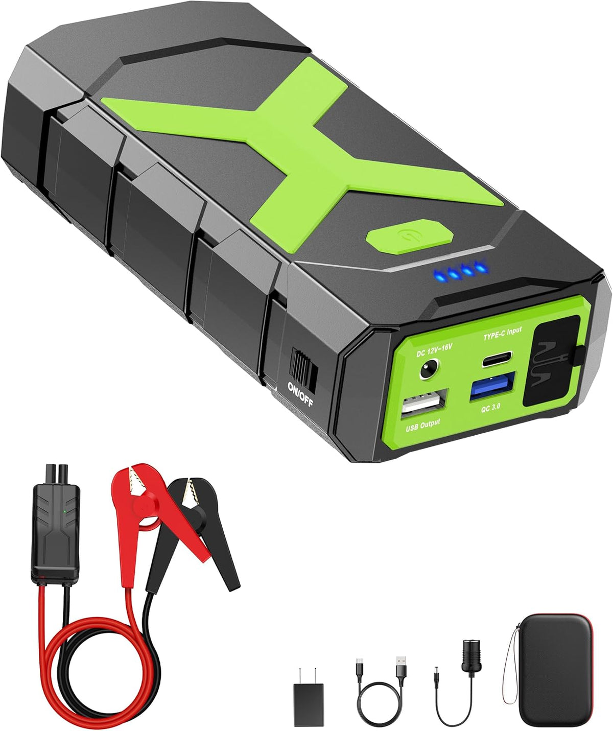BOOKOO Jump Starter 2000A for Car/Boat/Lawnmower(8.0L Gas/6.5L Diesel Engine) Portable 12V Car Battery Jump Starter with Cables,Wall Charger,USB 3.0 Fast Charging,16V DC Output,3 LED Modes