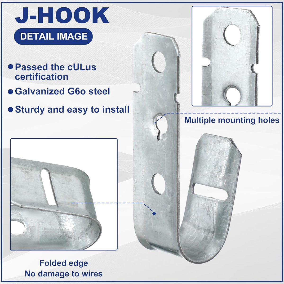 Gisafai 100 Pcs Cable Support J-Hook, 3/4 Inch Metal Garage Hooks for Hanging, Heavy Duty Network for Cable and Wire Management Wall Attaching J Utility, G60 Galvanized Steel, Silver