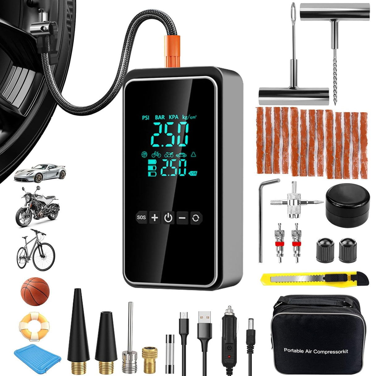 Tire Inflator Portable Air Compressor with Tire Repair Kit, 150PSI & 3X Faster Cordless Tire Pump with LCD Dual Display for Car, Bike, Motorcycle, Ball