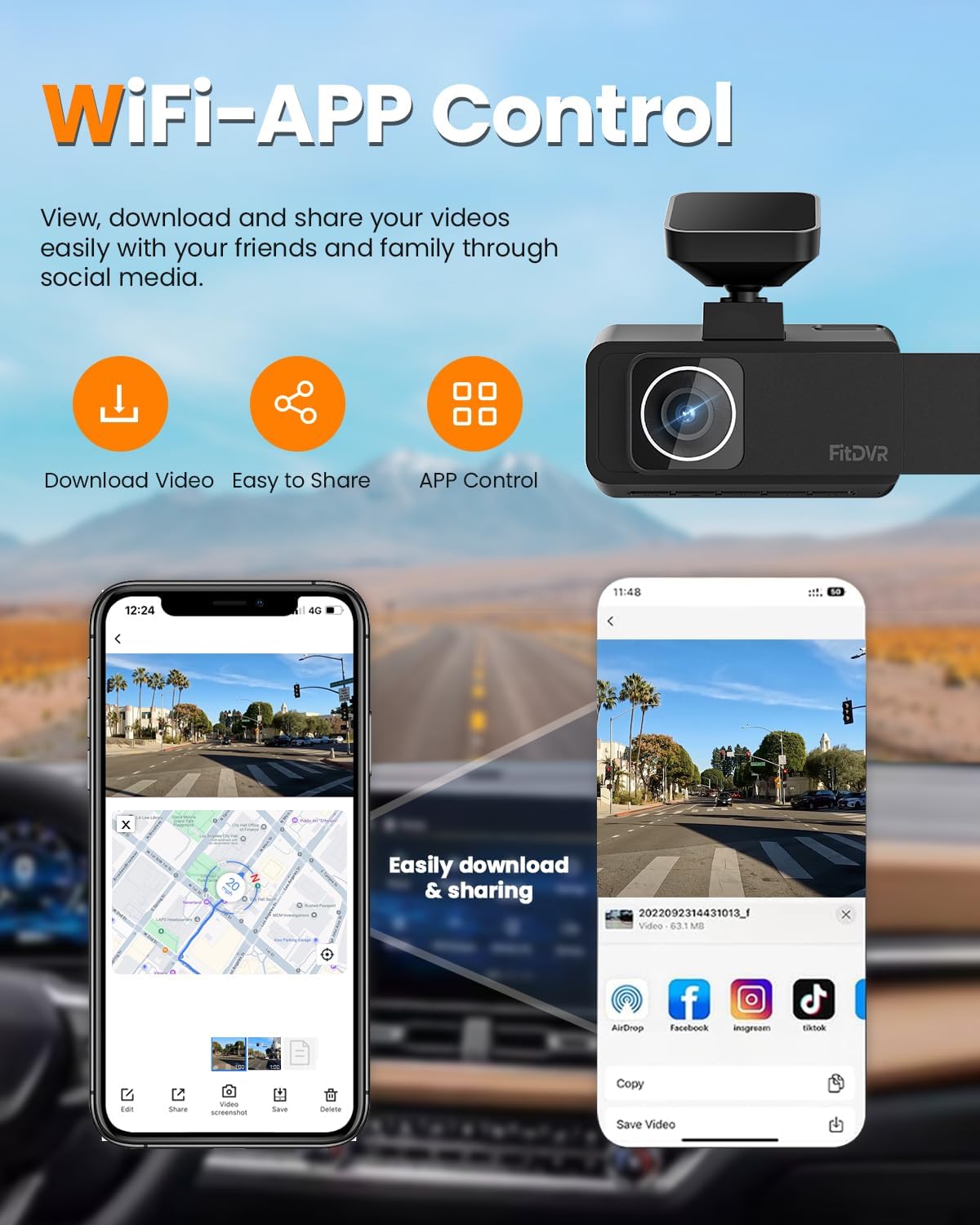 4K 3 Channel Dash Cam, 2160P+1080P+1080P Front and Rear Inside Car Camera with 64GB Card, WiFi Built-in GPS, 3“ IPS Screen, IR Night Vision, G Sensor, WDR, 24/7 Parking Mode(F3)