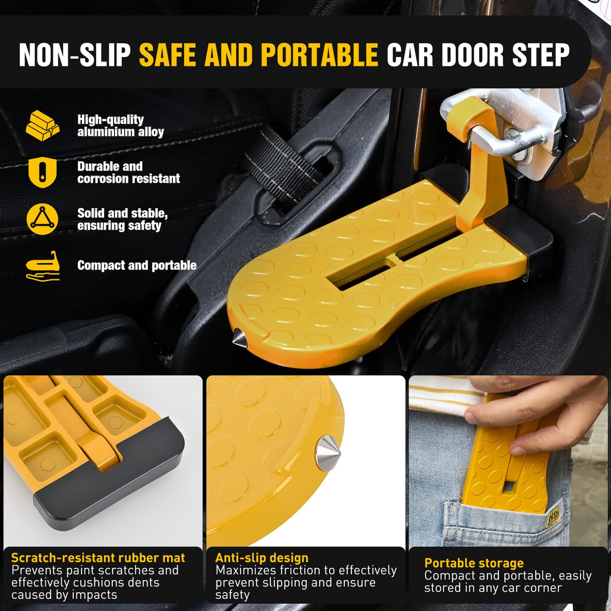 Nilight Car Door Step for Roof Access Universal Car Step Hook for Roof SUV Trucks Folding Aluminum Alloy Vehicle Door Latch Step Pedal with Glass Breaker Safety Hammer, Max Load 400lbs, 2 Pack Yellow