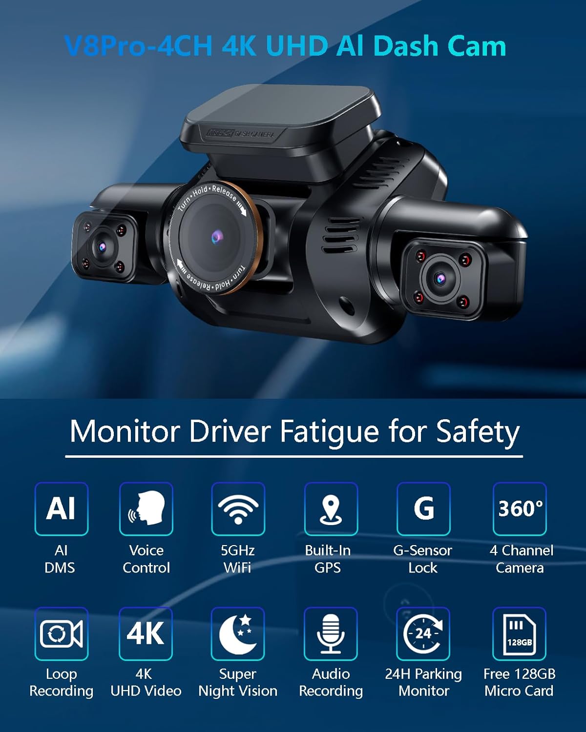 AI Dash Cam Front Rear Inside with Driver Monitor System, 360° Car Camera 4K, 4 Channel Camera for Cars Built-in WiFi GPS, Dashcam with 128GB SD Card, Night Vision, 24H Parking Mode, Upgrade DMS V8Pro