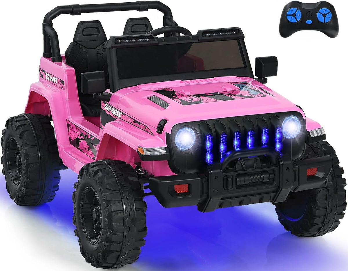 INFANS Ride on Car Truck with 2.4G Remote Control, 12V Battery Powered Electric Cars for Kids w/3 Speeds, Battery Display, LED Lights, Safety Belt, Music & Horn, Bluetooth/FM/USB (Pink)