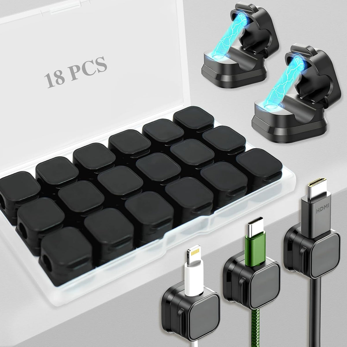 18 Pack Cord Organizer Holder,Magnetic Cable Clips Management,Easy Strong Adhesive Phone USB Charger Cord,Hide Or Organize Desk Cable for Kitchen,Office,Car,Nightstand（Black）