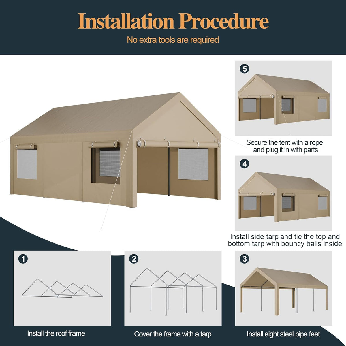Shintenchi Carport 10' x 20' Heavy Duty Portable Garage, Car Port Canopy with Side-Opening Removable Door & Roll-Up Windows, Car Canopy for Truck,Car,Boat,Motorcycle,Khaki