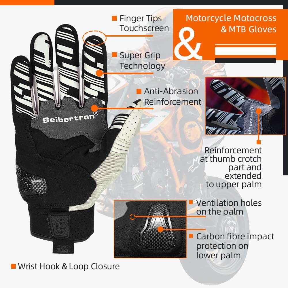 Seibertron SPS Series Touchscreen Motorcycle Motocross BMX ATV MTB Bicycle Cycling Full or Half Finger Gloves Adult and Youth