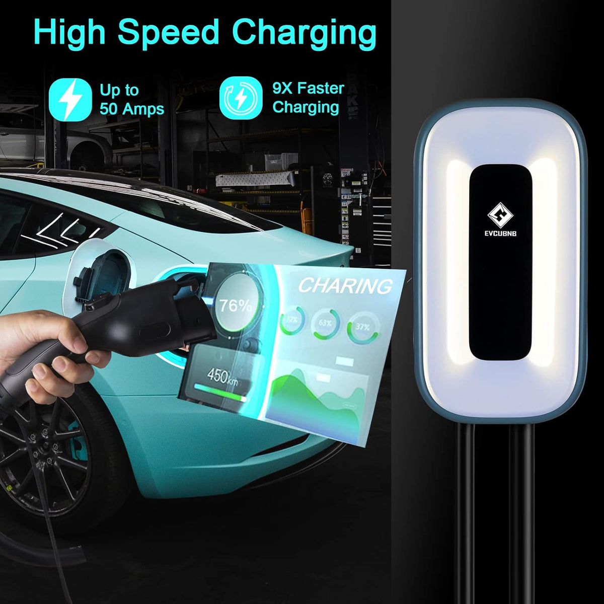 EV Charger Level 2，50 Amp Charge Station, 240V,Indoor/Outdoor EVSE, 25Ft Cable Level 2 ev Charger, 2.4GWiFi/APP/RFID Card (NEMA14-50 Plug or Hardwired)