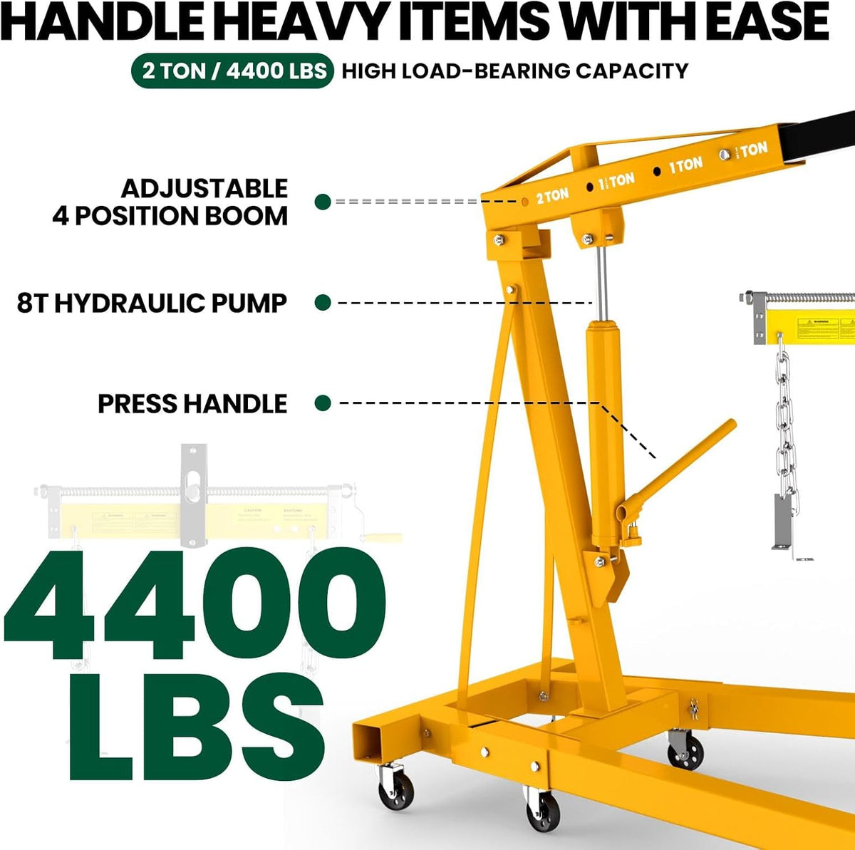 2 Ton Folding Engine Hoist, 4400lbs Hydraulic Cherry Picker Engine Hoist with 6 Casters, Heavy Duty Engine Lift for Garage, Workshop, Automotive Repair (Yellow)