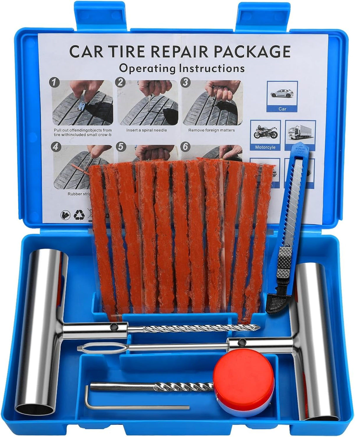 BETOOLL Universal Tire Repair Kit, Heavy Duty 22 Pcs Emergency Tire Plug Kit, for car Motorcycle, Truck, ARB，ATV, Tractor, RV, SUV, Trailer