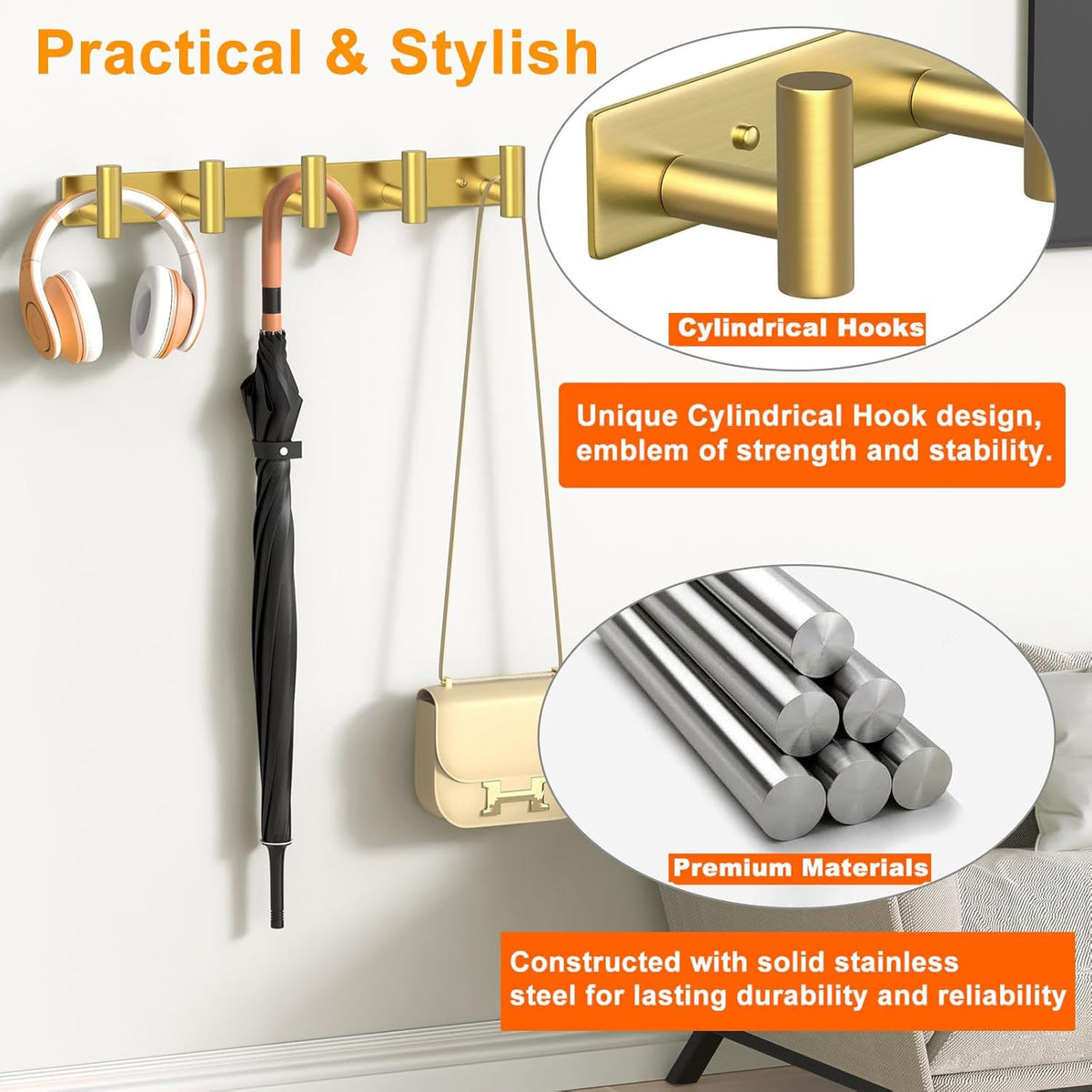 Wall Mounted Coat Rack-5 Hooks, Heavy Duty Stainless Steel Hook Rail for Towel Coat Hat Purse Bag Jacket, Towel Hooks for Entryway Bathroom Kitchen (Gold 5 Hooks - 1 Pack)