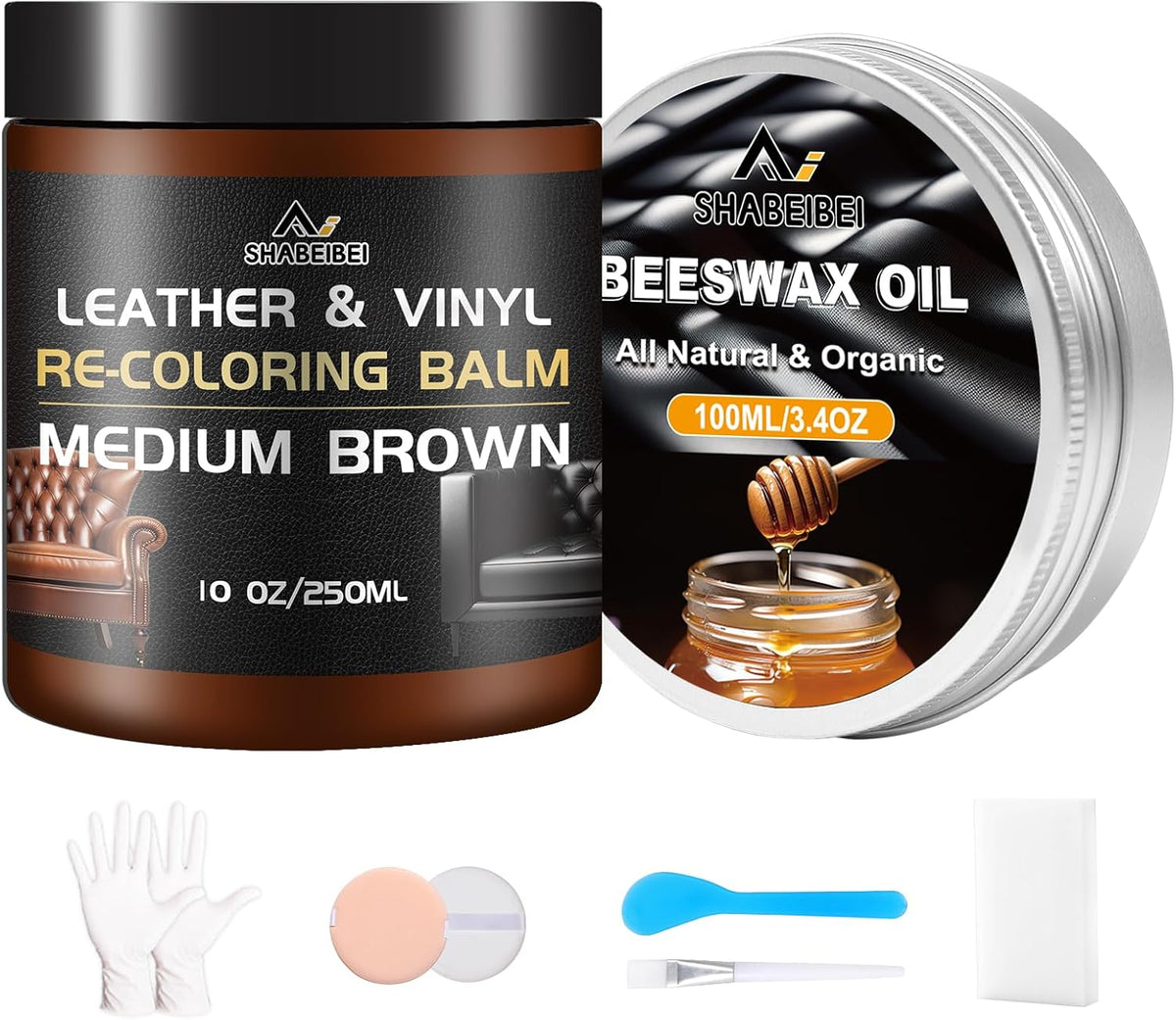 Leather Repair Kit Recoloring Balm Cleaner Conditioner Waterproof Beeswax Oil for Car Seat Furniture Couch Shoe Leather Vinyl(Medium Brown)