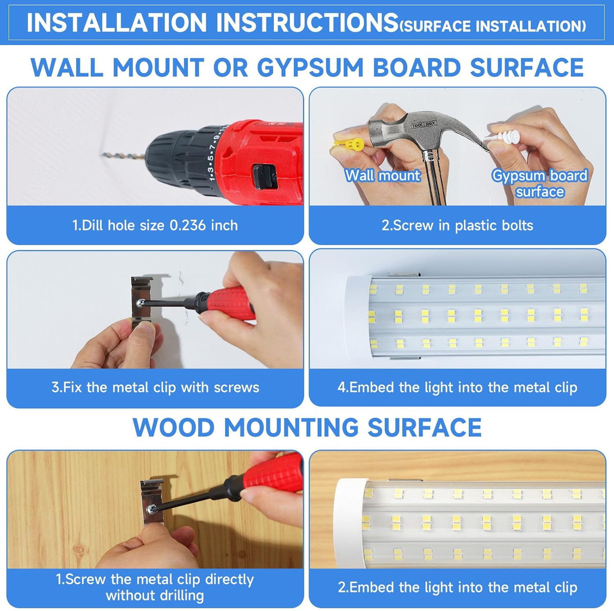 8FT U Shape 125W Integrated Tube Bright LED Light, 6500K Clear White, 20000LM - Flush Mount/Hanging Linkable LED Ceiling Lights for Garage, Plug&Play, 6 Pack