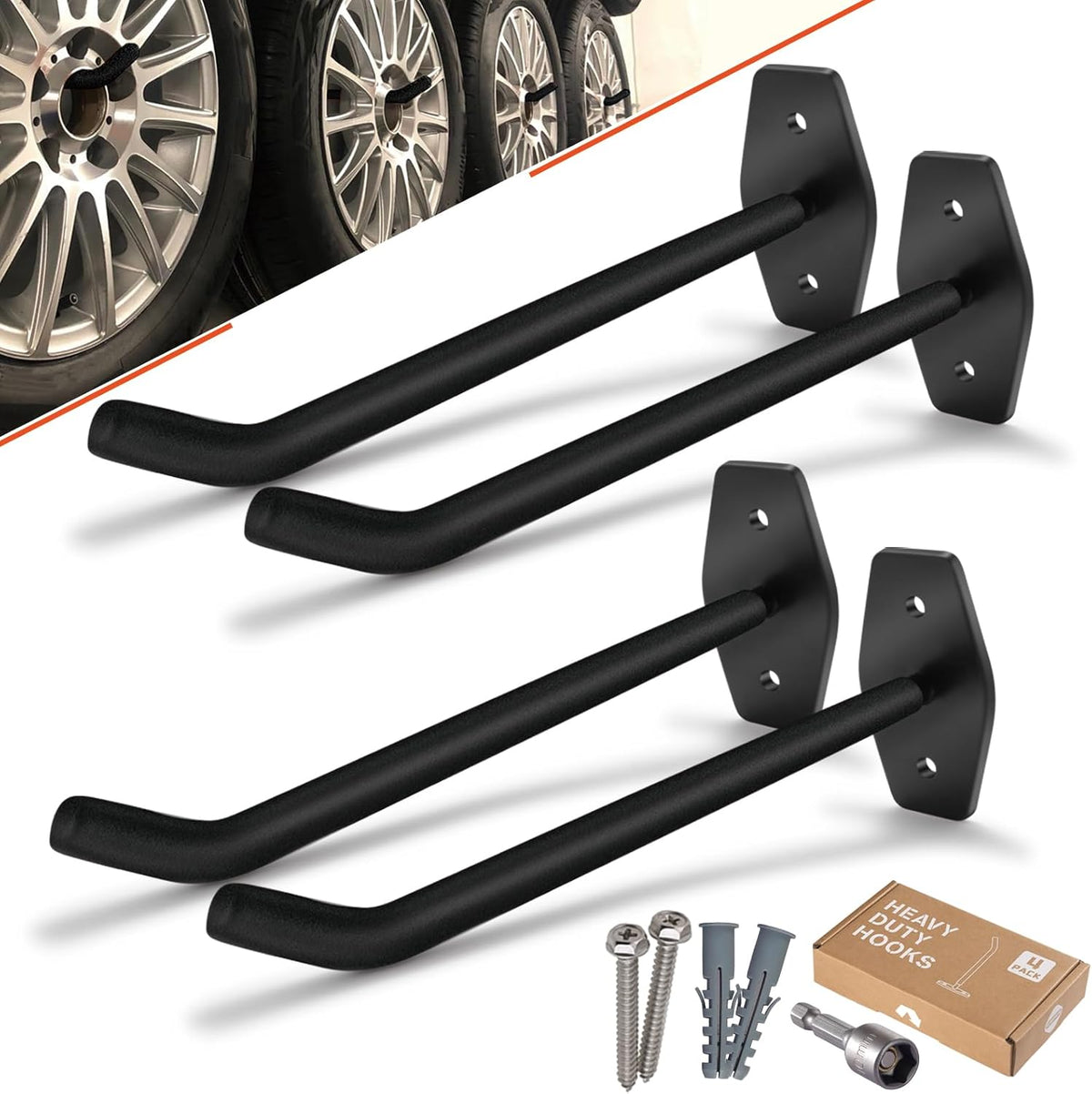 Tire Rack Wall Mount, 10 Inch Large Garage Hooks Heavy Duty Storage, Ladder Hooks for Hanging, Garage Organizer for Wheel Holder, Folding Chairs, Power Tool, Bulk Items (88lbs 4-Pack)