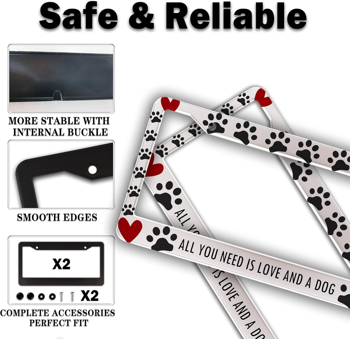 License Plate Frames Black, White, and Red License Plate Frame All You Need is Love and a Dog Universal Aluminum Car Accessory 2 Pack with Screw Covers Set