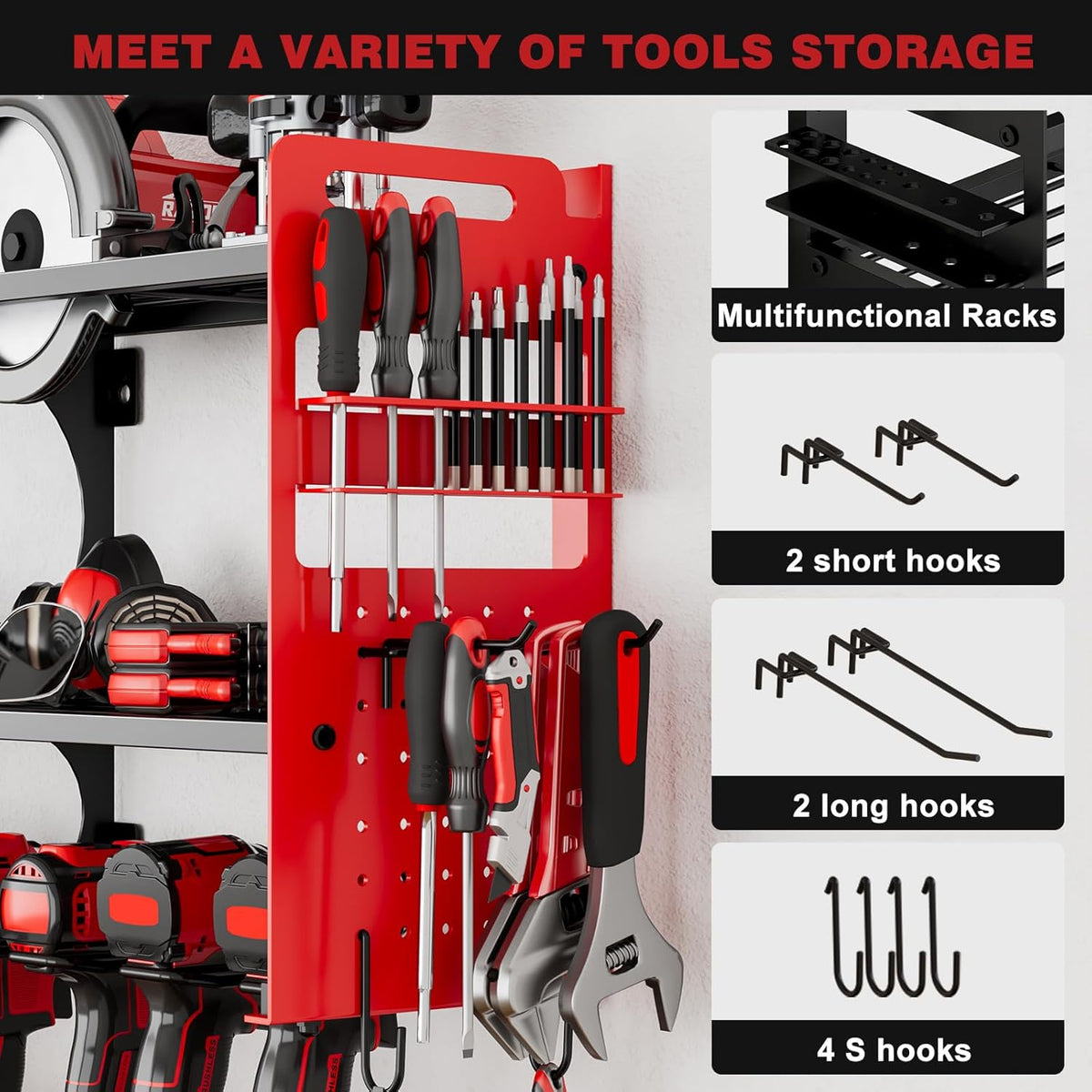 64" Power Tool Organizer Wall Mount, 16 Slots, 3-Tier Drill & Cordless Tool Storage Holder with Pegboard Sides, Tool Wall Organizer for Garage & Workshop Red