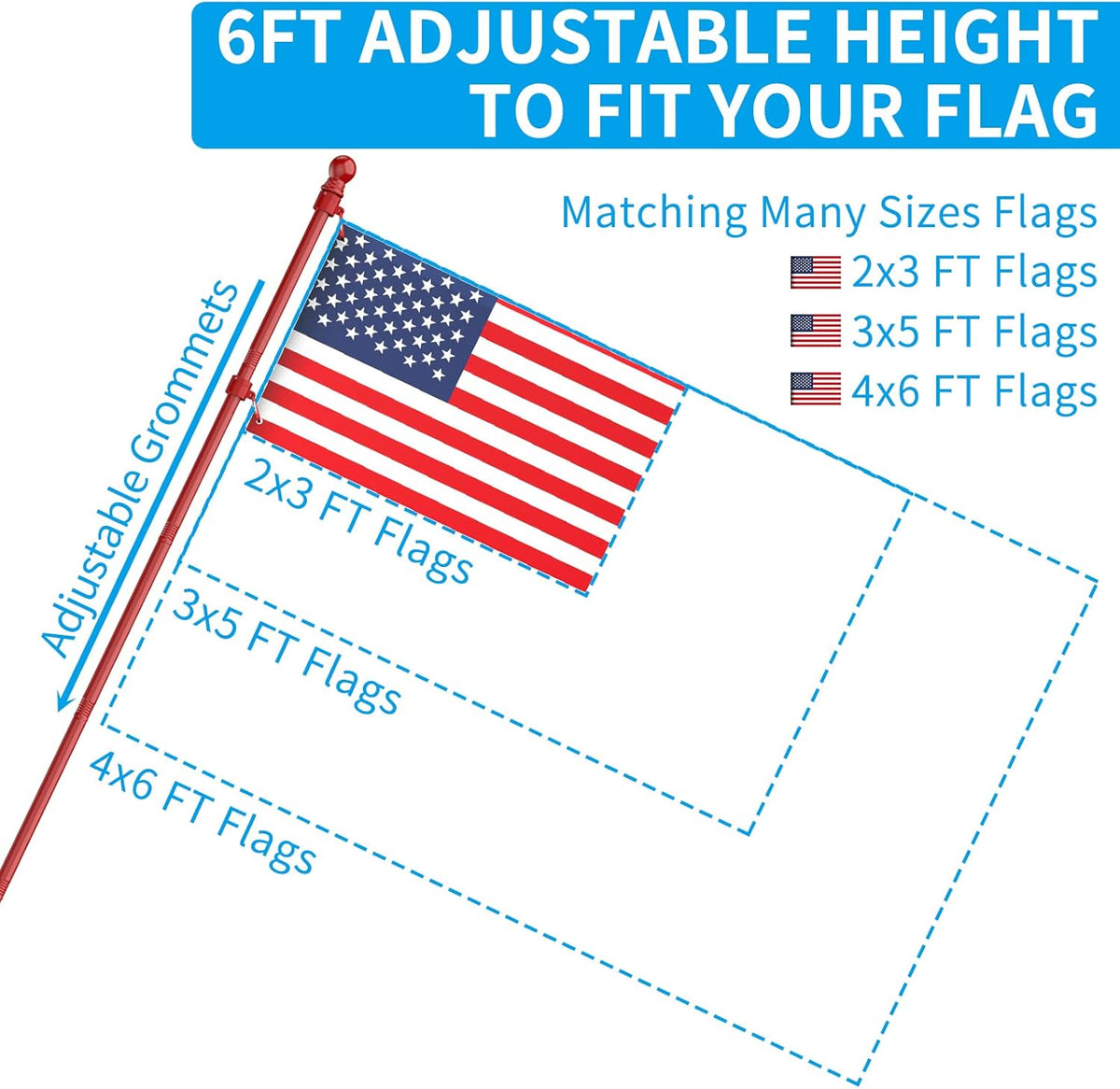 ZMTECH Flag Pole - Upgraded Bracket,(2 Packs) 6 FT Stainless Steel Flag Poles for Outside House, Residential or Commerical, Tangle Free Flag Pole Kit for American Flag (Without Flag, Red)