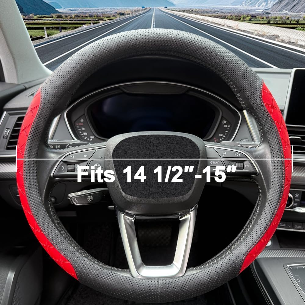 LKWLIKEI Nappa Leather Steering Wheel Cover, Elegant Diamond Checkered Design, Non-Slip wear-Resistant, Enhance Driving Comfort, Suitable for Steering Wheel Diameter 14 1/2‘-15’ Models .Black Red
