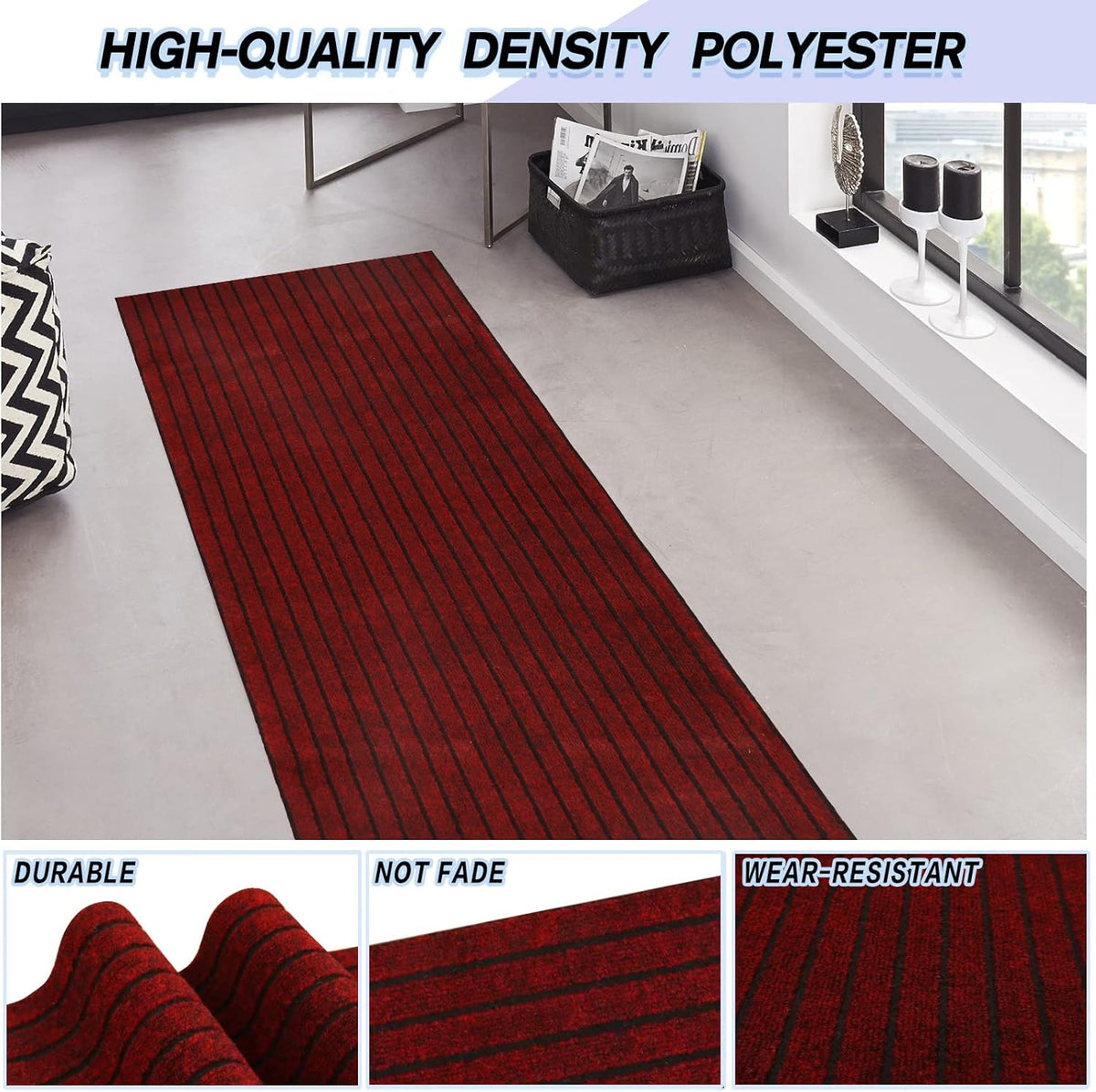 Custom Size Backed Non-Slip Area Rugs Runner, Easy Clean, Waterproof Runner Rugs for Hallway Entryway, Kitchen, Laundry, 2FT x 30FT, Red Stripe