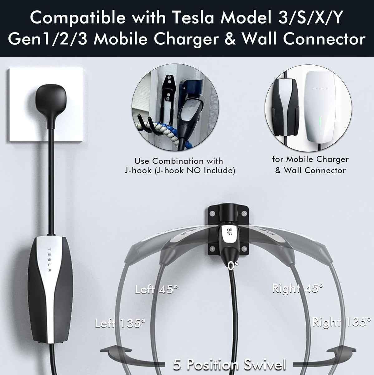 Tesla Charger Holder Wall Mount Tesla Mobile Connector Charger Holder, 5-Level 180° Swivel NACS Plug Nozzle Dock