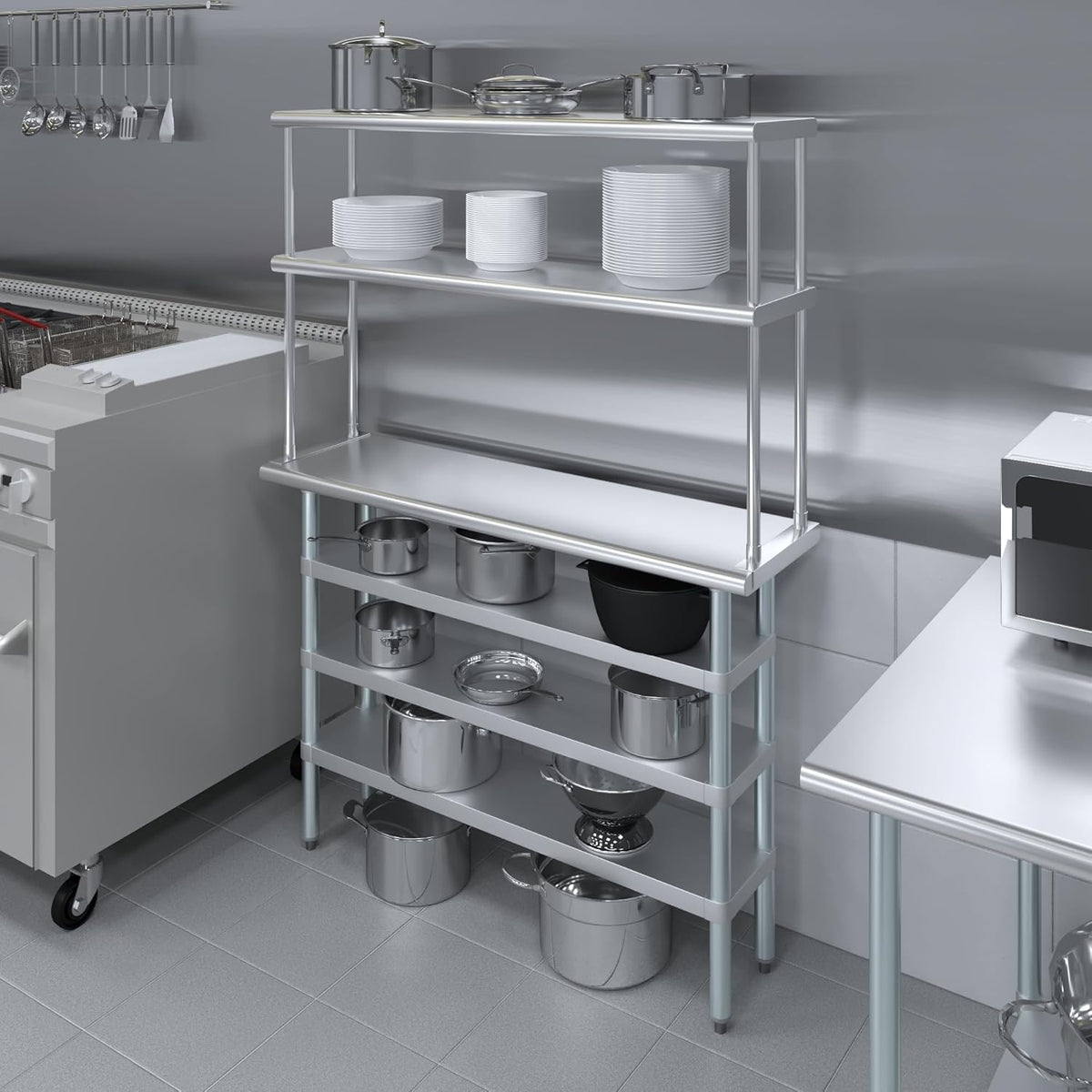 Amgood 14" x 48" Stainless Steel Work Table with 3 Shelves and 12" Wide Double Tier Overshelf | Metal Kitchen Prep Table & Shelving Combo | NSF