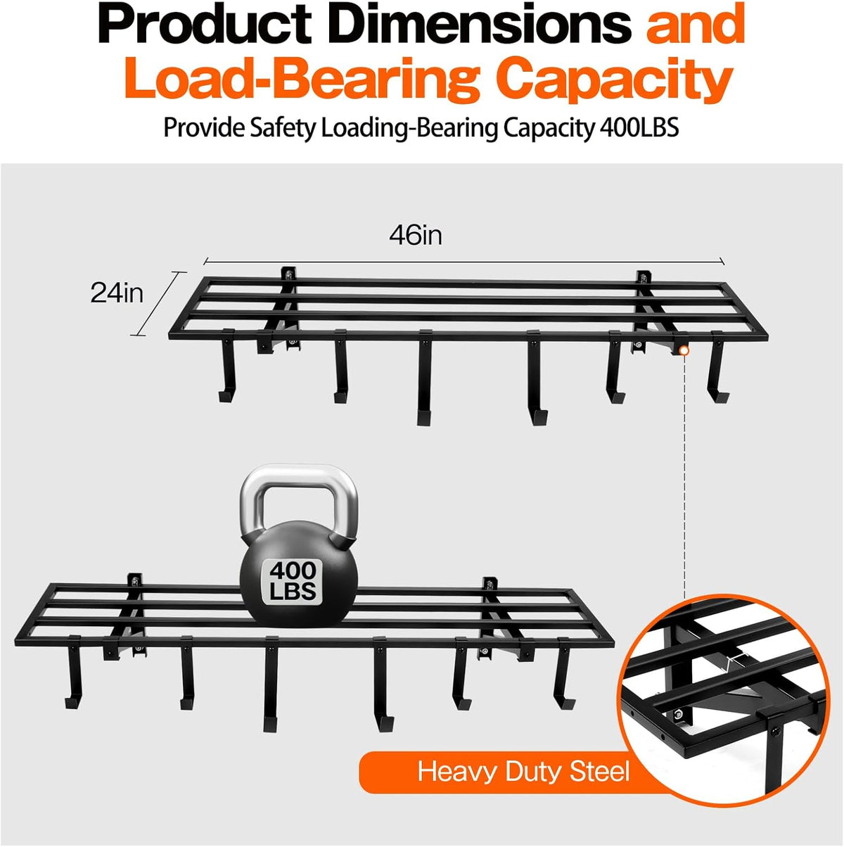 Garage Wall Shelving, 1X4 ft Garage Storage Rack,Heavy Duty Wall Mounted Storage Shelf With 12 Hooks-Each Loads 200lbs Metal Wall Shelf,Black,2Pack