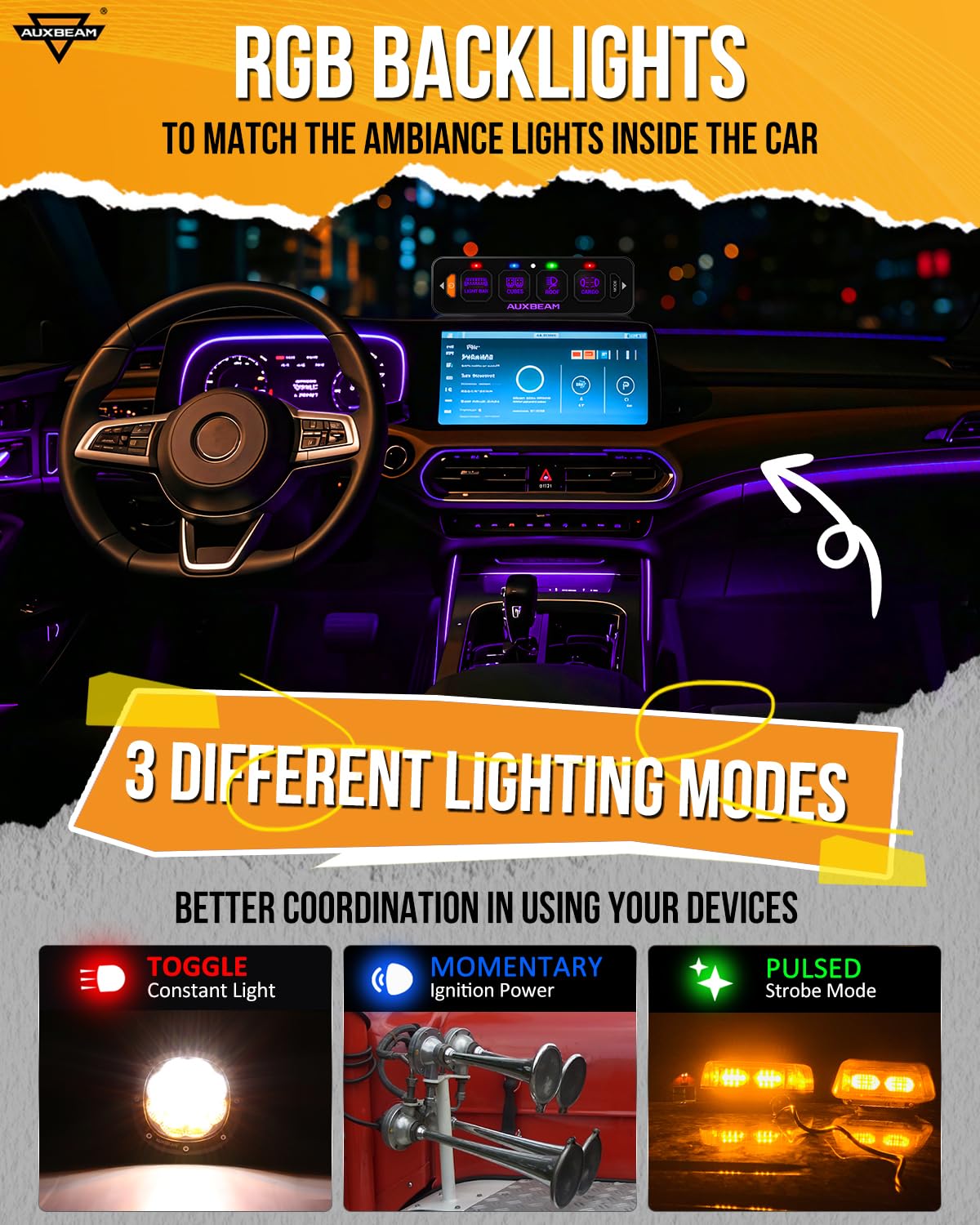 Auxbeam 4 Gang Slim Switch Panel RGB AS-R40 Toggle Momentary Pulsed Dimmable Backlight Multifunction Switch Panel with Memory Function for 12-24V Truck Offroad Car Marine Waterproof 2 Years Warranty