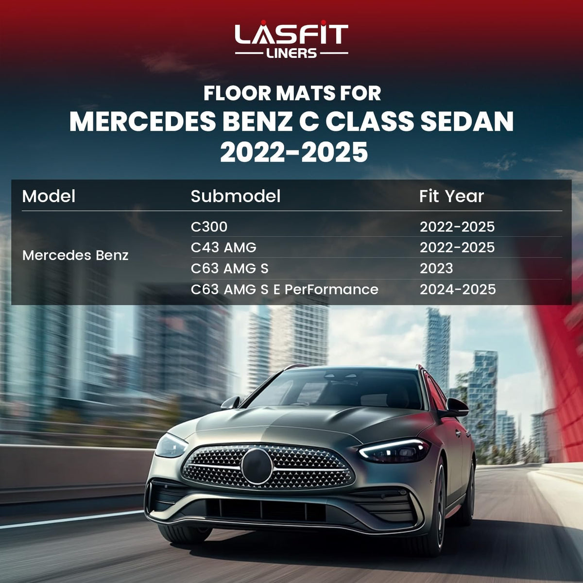 LASFIT Floor Mats for Mercedes Benz C Class 2026 2025 2024 2023 2022 C300 / C43 AMG / C63 AMG S / C63 AMG S E (Sedan Only), All Weather TPE for Floor Liners for C Class Car Mats, 1st & 2nd Row Set
