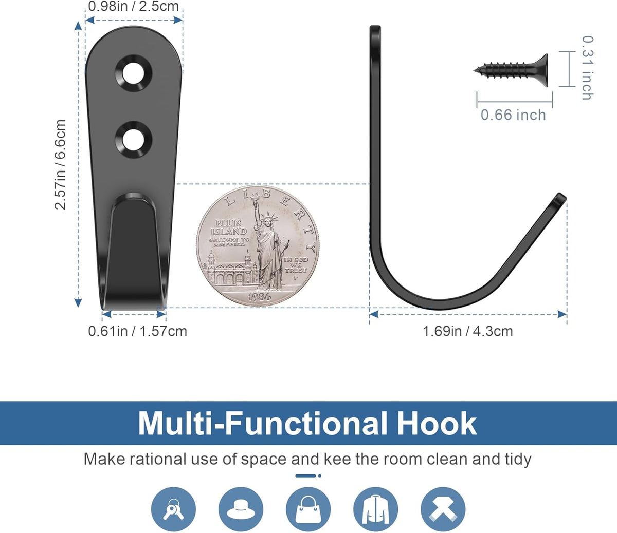 10PCS Hooks - Wall Mount Coat Hooks with 20 Screws for Hanging Coats, Towels, Backpacks, Hats, Dog Leashes, Coffee Mugs