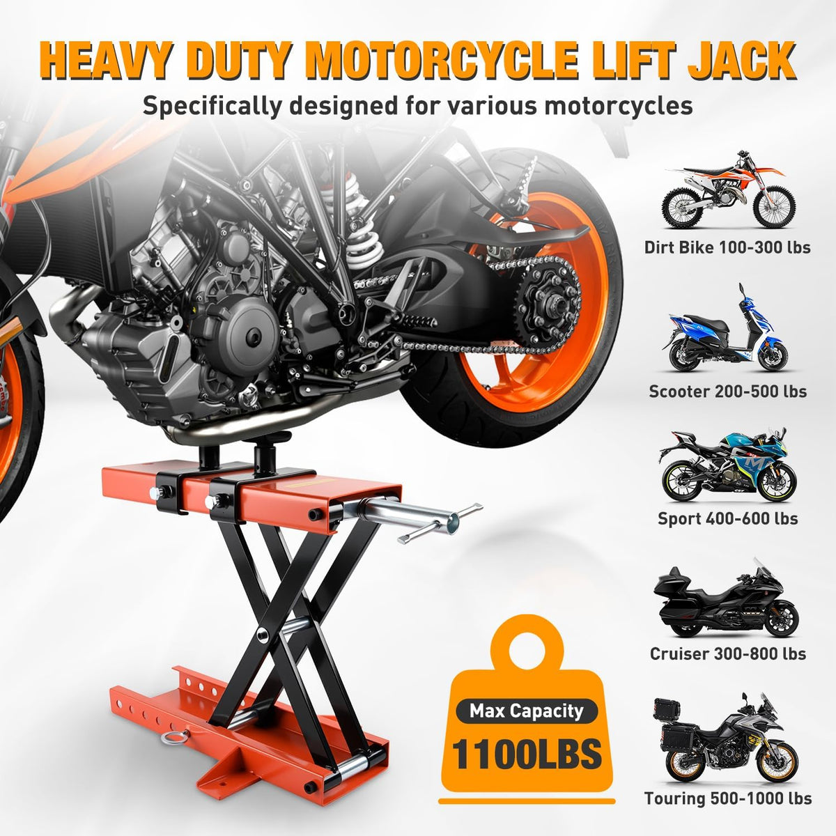 Nilight Motorcycle Lift 1100 LBS ATV Scissor Jacks with Saddle Safety Pin Crank Handle 3.7"-15.7" Hoist Stand Heavy Duty Steel Lifter Jack for Motorcycles Dirt Bike Garage Storage Repair Tool, Orange