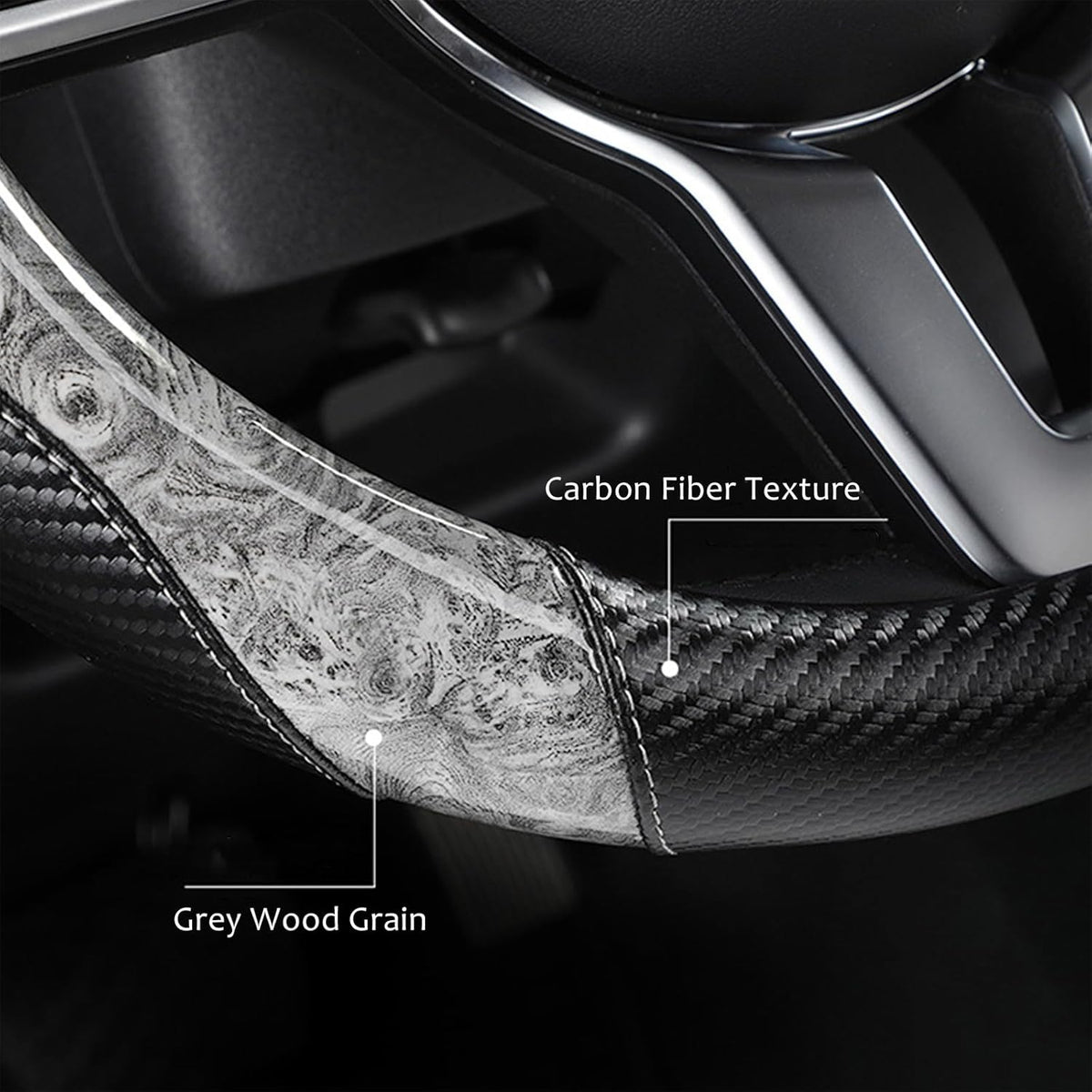 Wood Grain Steering Wheel Cover Carbon Car Steering Wheel Covers 14 1/2-15 inch with Coasters Microfiber Leather Splicing Breathable Anti-Slip Durable Universal Steering Wheel Protective - Gray