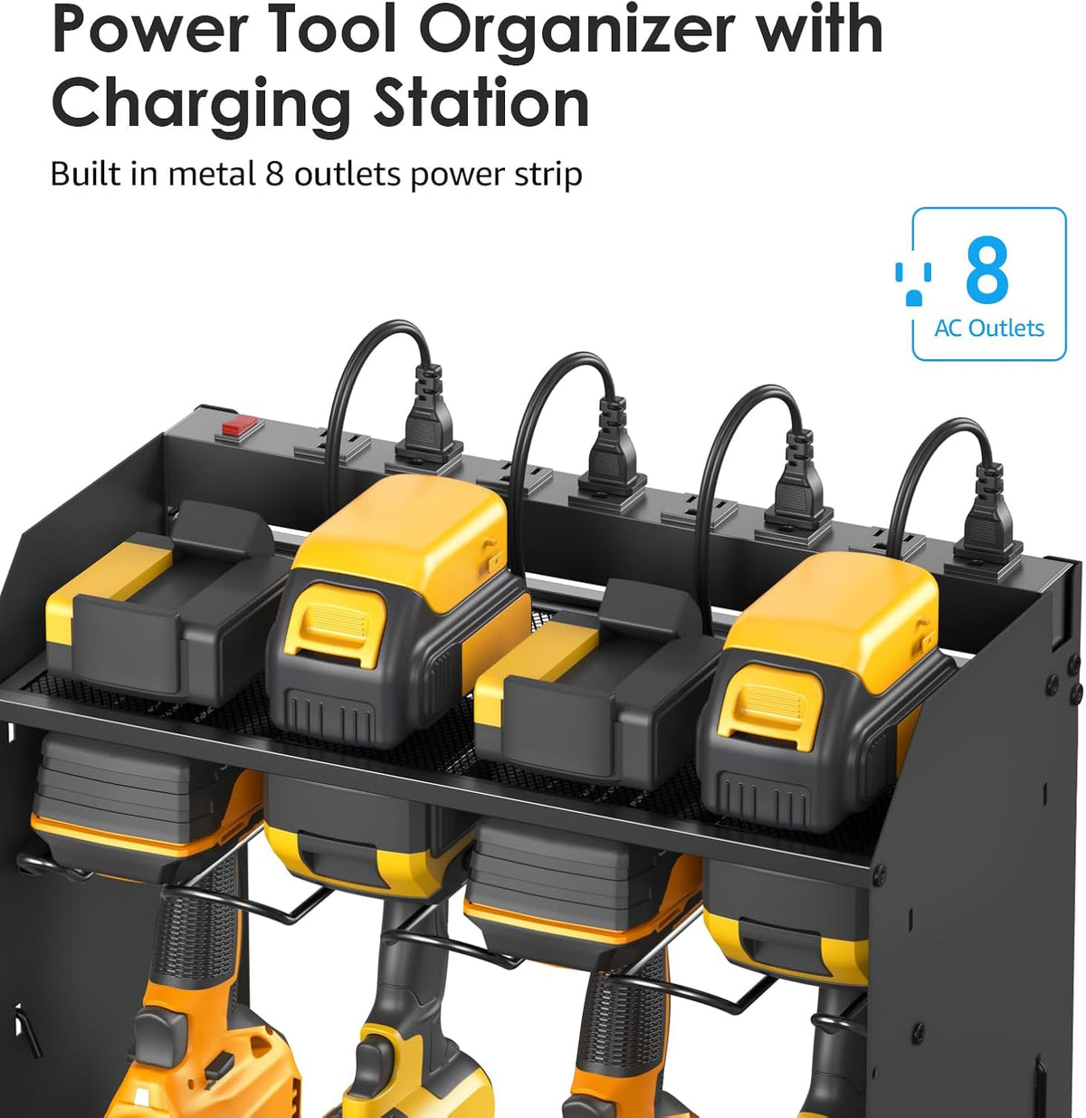CCCEI Black Large Tools Organizer Wall Mount Charging Station, 39 Inch Long Power Tool Battery Storage Rack with 10FT Power Strip. 8 Drill Holder, Garage Utility Shelves. Pegboard Hanging Extension.