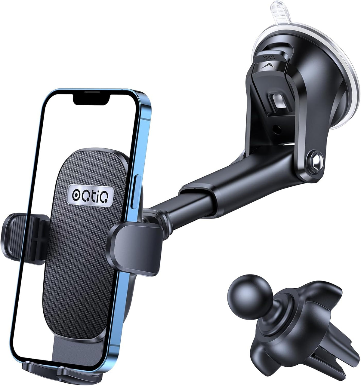 OQTIQ 3-in-1 Car Phone Mount – Dashboard, Windshield & Air Vent Holder with Strong Suction Cup, Adjustable Arm, 360° Rotation – Compatible with iPhone & Android Phones
