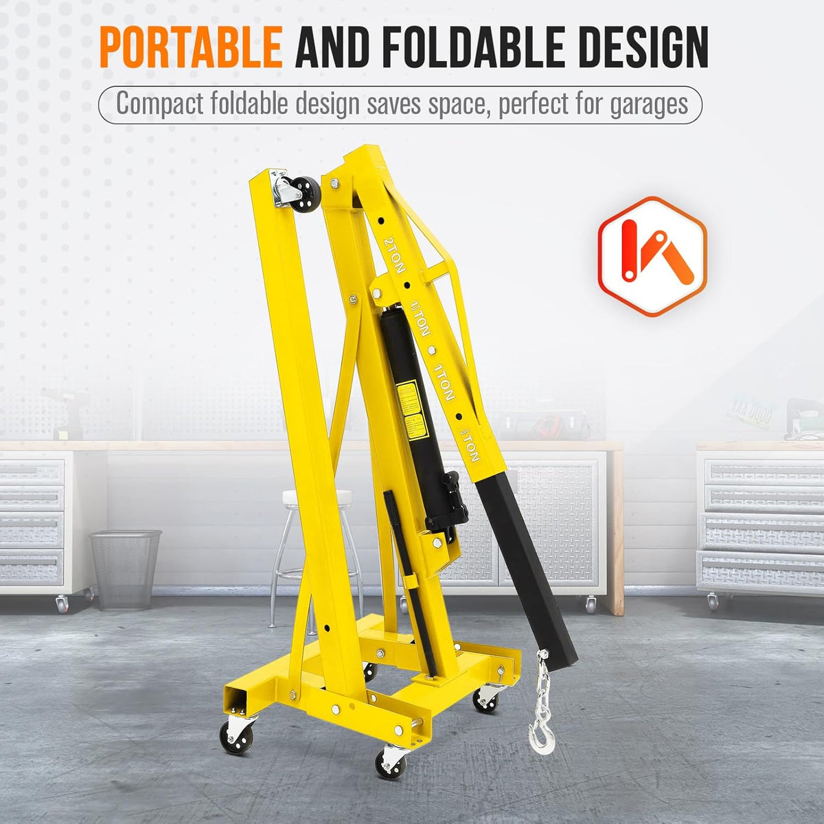 2 Ton Engine Hoist, Hydraulic Cherry Picker Engine Hoist Lift, 4400LBS Heavy Duty Crane Lifter with 6 Casters and Telescopic Boom, Foldable & Portable Design, for Garage, Workshop, Warehouse (Yellow)