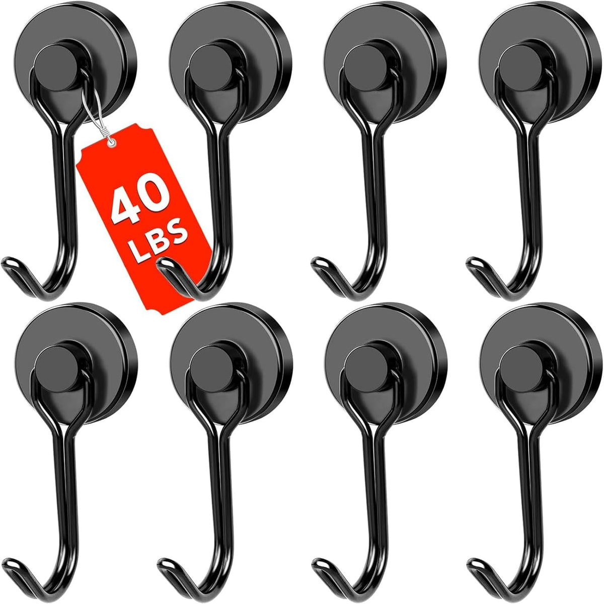DIYMAG Black Magnetic Hooks, 40LBS Strong Magnetics Heavy Duty, Magnet Hook with Metal Hanger for Hanging Refrigerator Home Kitchen Office, 8Pack