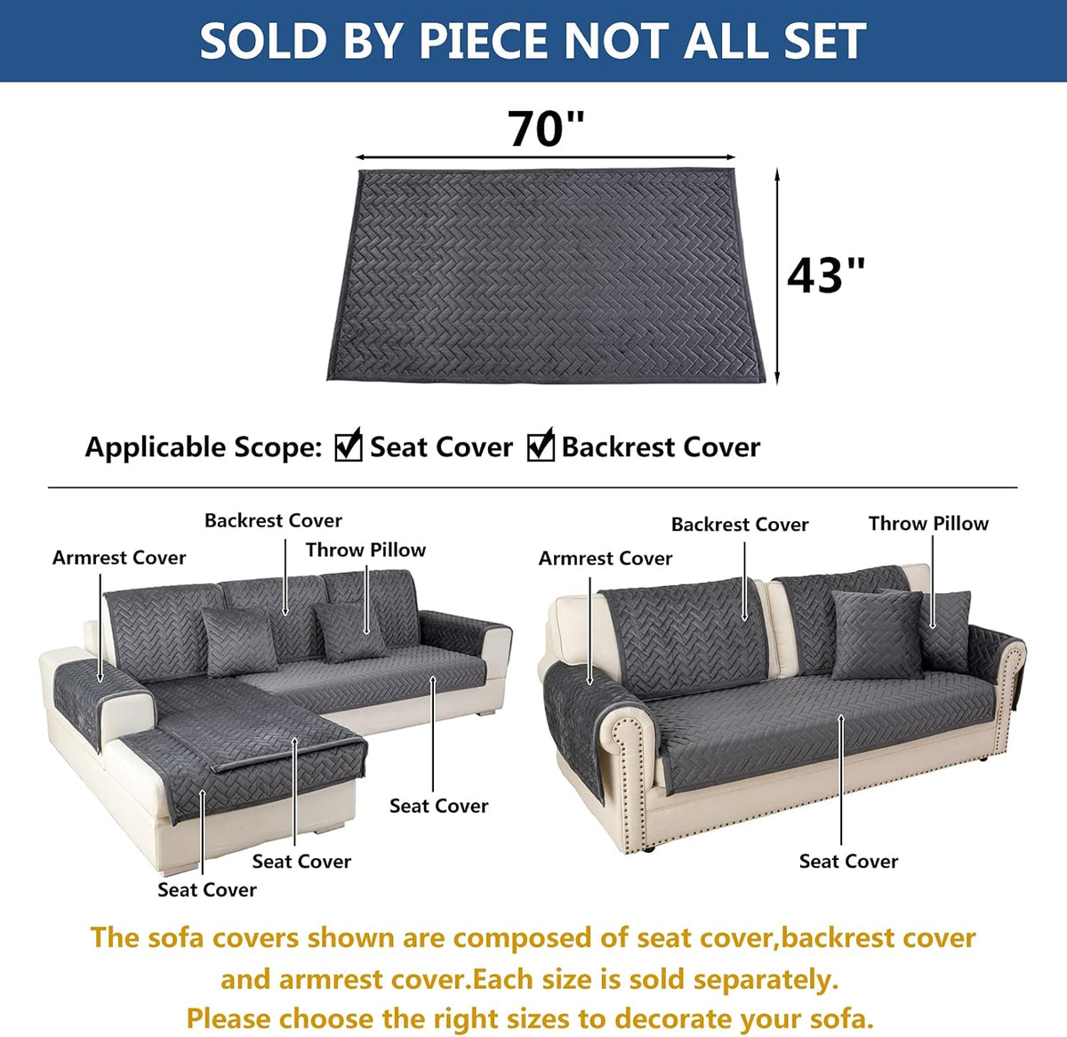 Eismodra Couch Cover,Sectional Couch Covers,Sofa Covers for 3 Cushion Couch,Anti-Slip Sofa Slipcovers for Dogs Cats Kids Loveseat Recliner L Shaped Armrest Backrest,Dark Gray 43''x70''(Only 1 Piece)