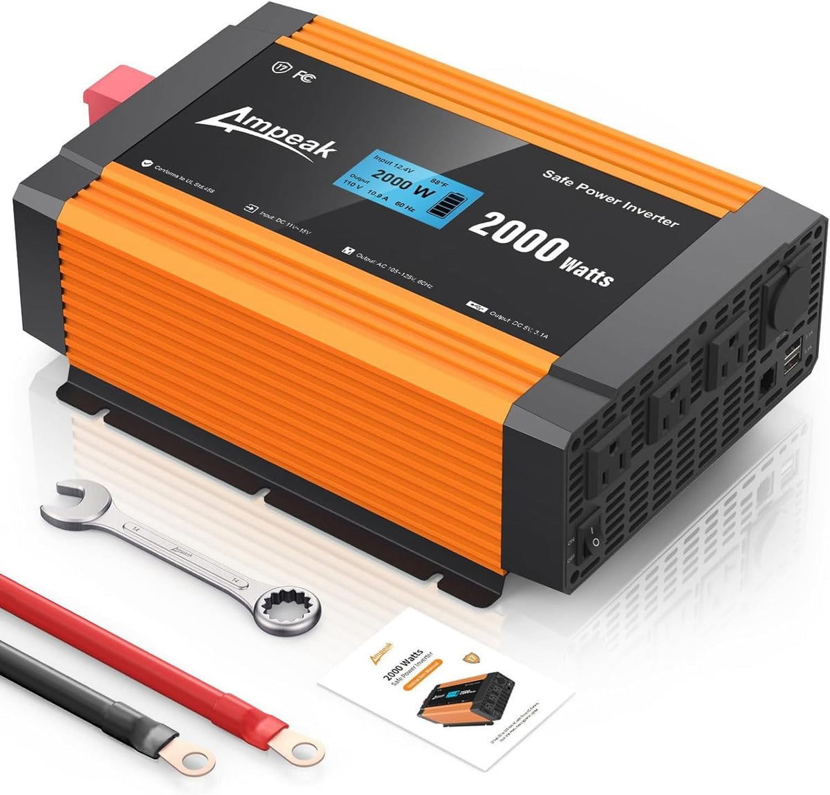 Ampeak 2000W Power Inverter 6.2A Dual USB Ports 3AC Outlets Stable Voltage Output Inverter DC 12V to AC 120V 17 Protections for Truck, Hurricane, Rv