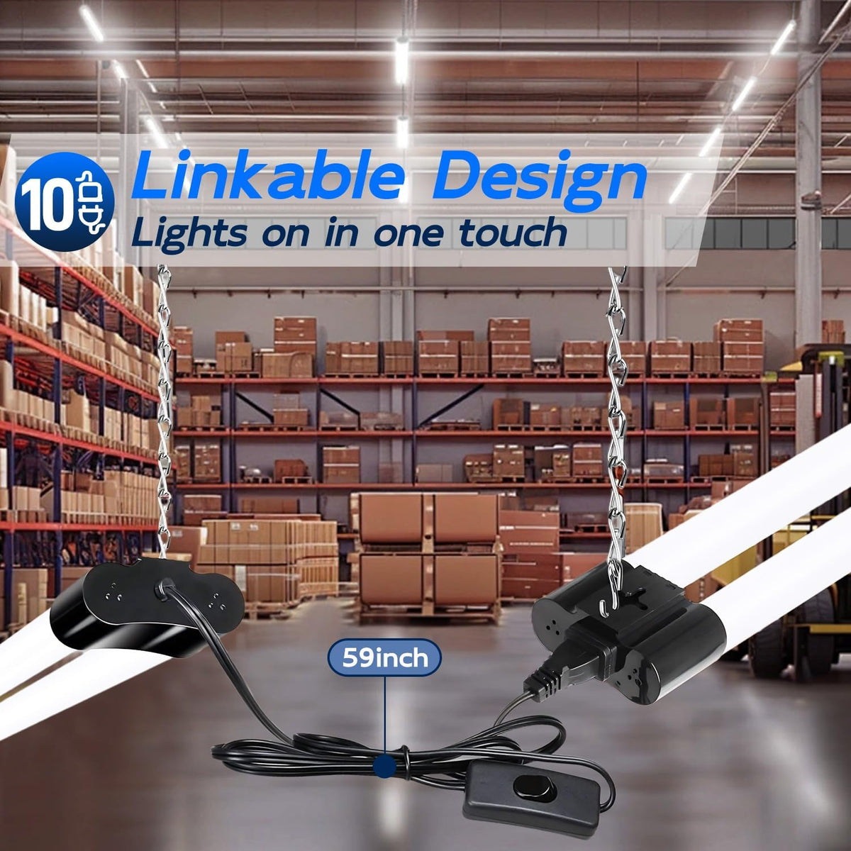 hykolity 10 Pack 4FT Linkable LED Shop Light, Utility Shop Light Fixture, 4400lm, 42W [250W Equivalent], 5000K Daylight Shop Lights for Garage, Hanging or Surface Mount, with Power Cord, ETL, Black