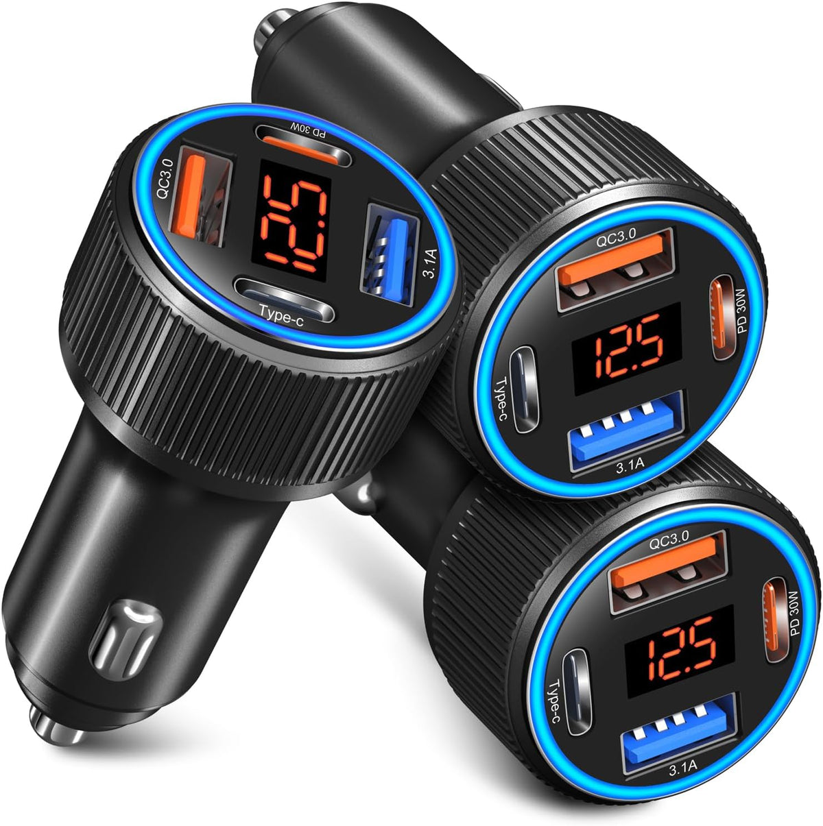 USB C Car Charger 3 Pack, Costyle 65W 4 Port Car Power Adapter with Voltmeter PD 30W/QC 3.0 Fast Charging Cigarette Lighter USB Charger Plug for iPhone 16/15/14/13/12/11 Pro Max/Pad,Android(Black)