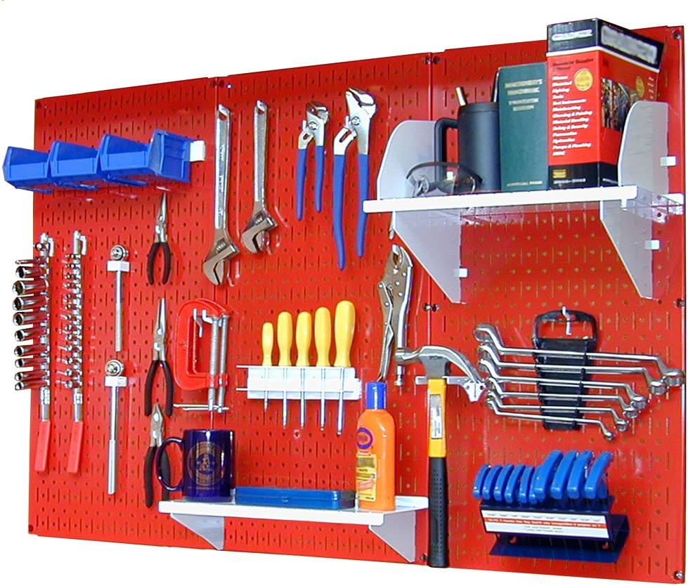 Wall Control 4 ft Metal Pegboard Standard Tool Storage Kit with Red Toolboard and White Accessories