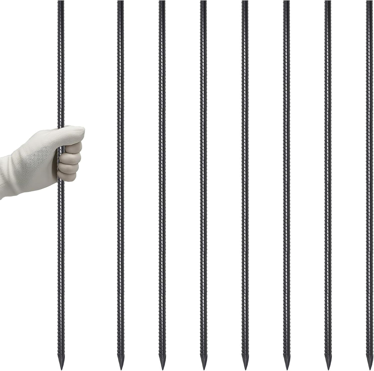 VVOKGO RebarStakes 36 Inch Ground Rebar Stakes (8 pcs), Heavy Duty Hook Ground Anchors, Steel Plant Support Garden Stake with Chisel Point end Black Plastic Spraying for Anti-Rust