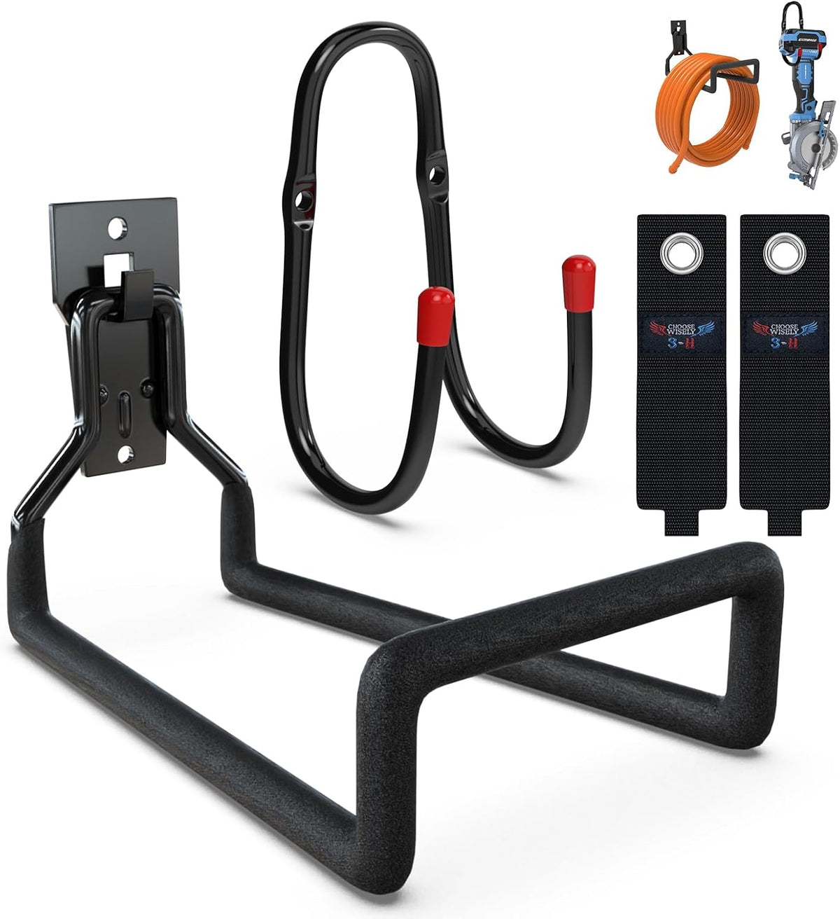 3-H Garden Hose Holder Wall Mount 2 Pack,Solid Steel Hose Hanger wih Extension Strap,Water Hose Holders for Outside to Hang Outdoor Air Hose,Ropes,Pipes,Power Tools,Ladders,Bikes,Bulk Items